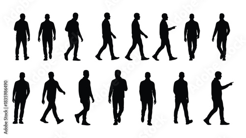 Men silhouettes in various poses isolated on white background, Vector