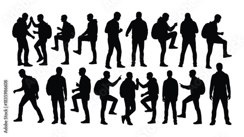 Collection of young men silhouettes in various poses isolated on white background, Vector