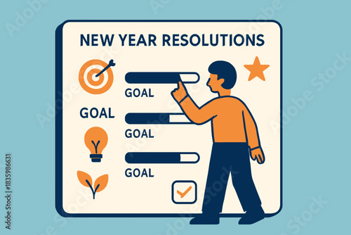 New Year Resolutions Board with Man Pointing to Goal Progress Bar