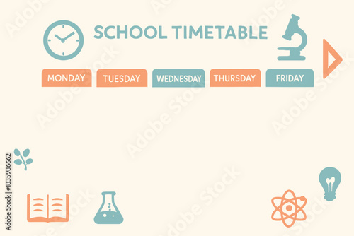 School Timetable with Clock Microscope and Educational Icons in Pastel Colors