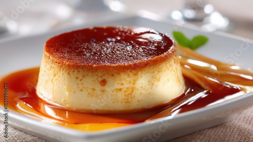 Rich Golden Caramel Custard Dessert On White Plate With Caramel Sauce And Mint Garnish
