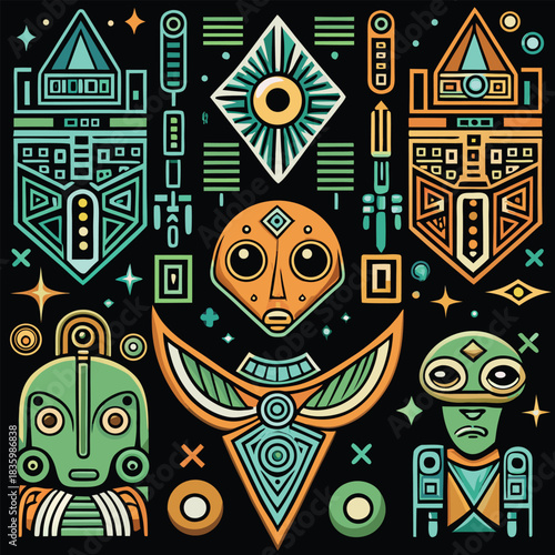 Abstract geometric tribal mask and alien face designs with stars on black vector illustration