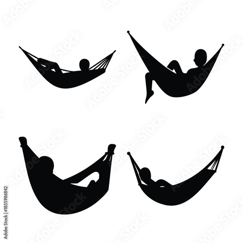 Silhouettes of people relaxing in hammocks, leisure time
