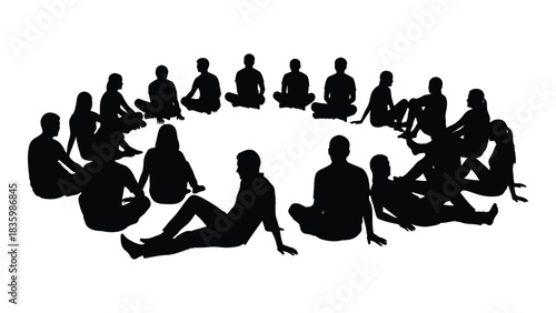 People sitting in a circle silhouette isolated on white background, Vector