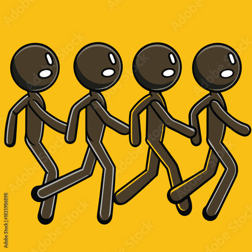 Four cartoon stick figures walking in a line on a yellow background group