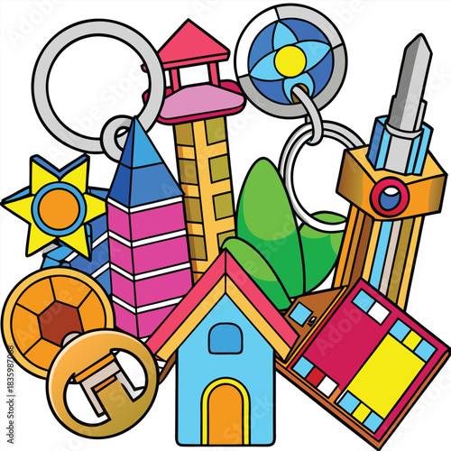 Assorted colorful cartoon buildings and trinkets on white background Keywords: cartoon, buildings