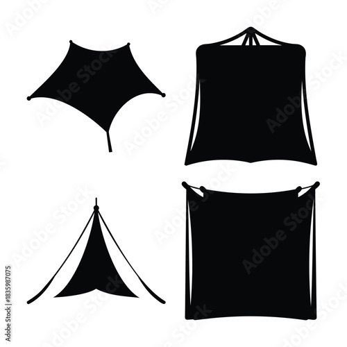 Various tent and awning silhouettes icon set for outdoor design