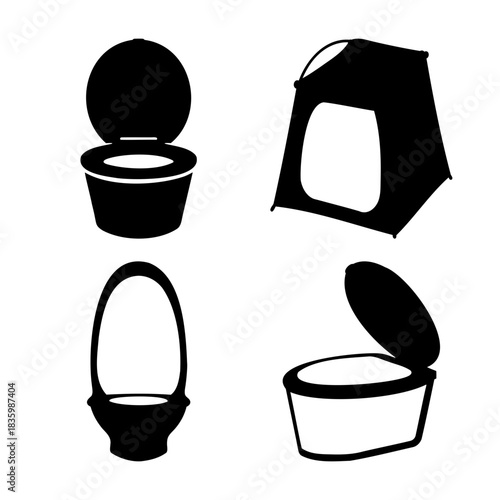 Various toilet types: standard, portable, and camping tent