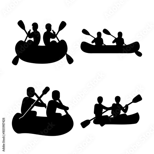 Silhouettes of people paddling in canoes and kayaks icons