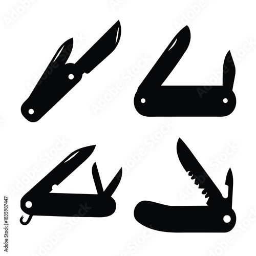 Multipurpose utility knives icon set for outdoor activities