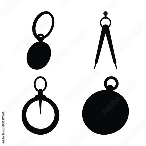 Vintage tools set: compasses, pocket watch, and plumb bob