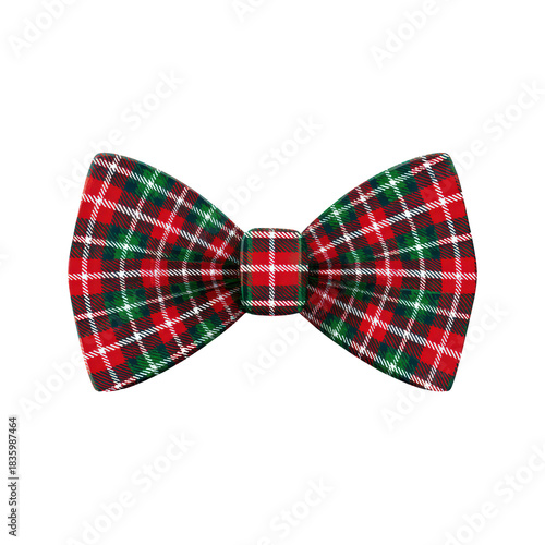 Festive red and green plaid bow tie with classic tartan pattern, isolated on transparency background. Cheerful clothing accessory for men fashion for Christmas celebration