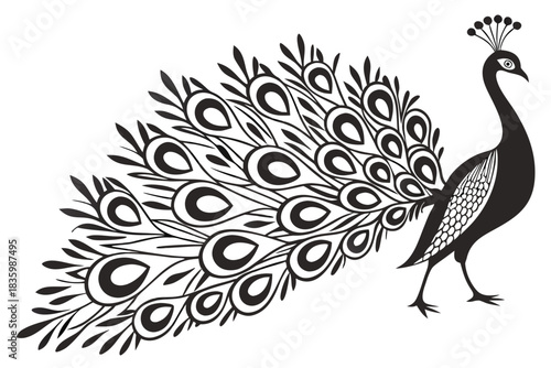 Stylized black and white peacock with fanned tail feathers