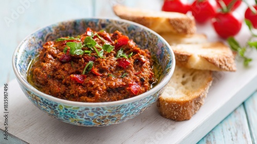 Rustic Sun Dried Tomato Pesto Dip in Decorative Bowl with Toasted Bread Slices and Cherry Tomatoes on Wooden Table