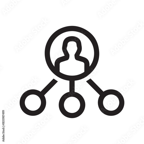 Minimalist Organizational Structure Icon. Black vector of a person and connected nodes for leadership, management, and social network hierarchy.