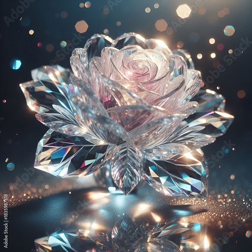 A glowing crystal rose with sparkling light reflections, creating a magical and elegant atmosphere. Perfect for themes of luxury, beauty, fantasy, and illumination.
