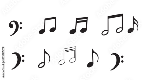 Musical notes and symbols isolated on white background, representing melody, harmony, and rhythm in composition