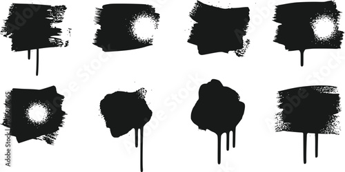 Collection of Black Paint Brush Strokes and Graffiti Drip Splatters Isolated on Transparent Background