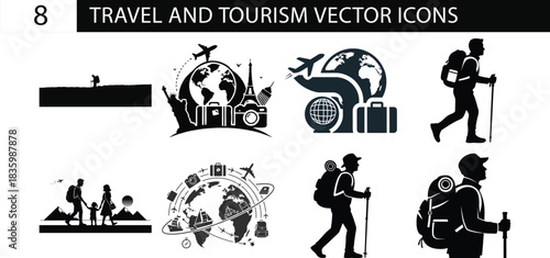 Travel and tourism vector icons collection silhouette isolated on transparent background