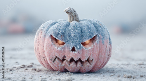 Frost-bitten pumpkin with pale flame eyes and frost cracks on white