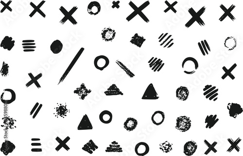 Hand Drawn Abstract Brush Stroke Marks Collection X O Geometric Shapes Isolated on Transparent Background