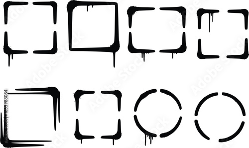 Set of eight black grunge graffiti stencil corner frames with dripping paint isolated on transparent background