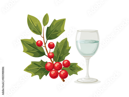 Festive illustration of Christmas holly branch with red berry and glass of white wine. classic winter holiday celebration concept perfect for seasonal decoration design