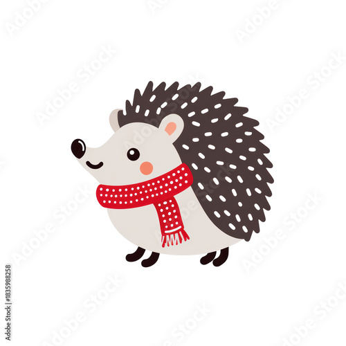 Cute happy smiling hedgehog cartoon illustration. Adorable animal character wearing red scarf for winter theme. Simple flat graphic perfect for holiday design