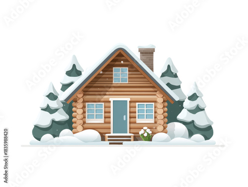 Cozy wooden log cabin house illustration in snow during winter. peaceful forest with pine tree, perfect secluded building for holiday vacation retreat