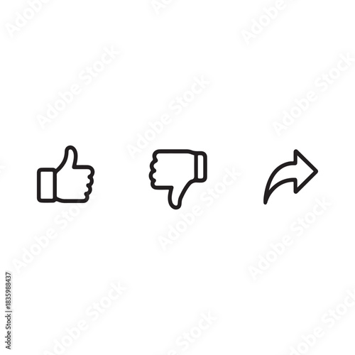 Social Media Icons. Minimalist set of thumbs up, thumbs down, and share symbols in rounded squares on a white background for digital rating and interaction