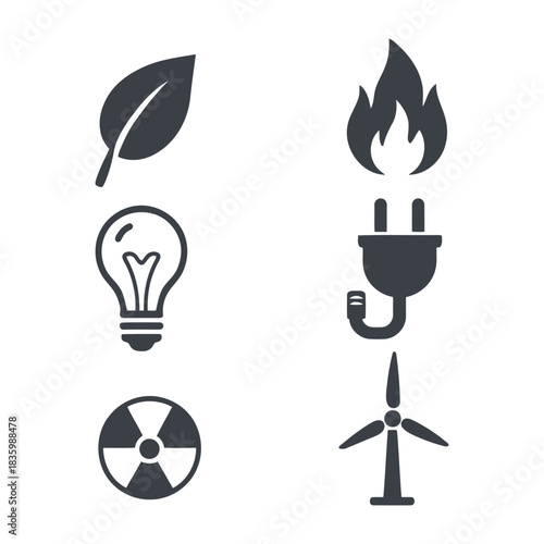 Sustainable Power Solutions Icons. Leaf, flame, and wind turbine energy symbols representing eco-friendly, renewable, and clean power sources.