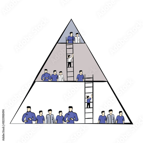 Social Hierarchy Pyramid Illustration. Abstract diagram showing layered levels of power, influence, and social structure for organizational theory.