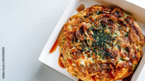 Savory Japanese Okonomiyaki Pancake in White Takeout Box with Green Garnish and Brown Sauce