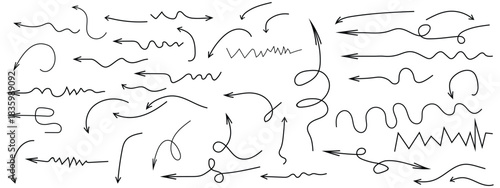 black pen arrow collection on checkered paper sheet. Hand drawn crayon various arrows, curved, wavy and straight lines. Direction pointers for notes, doodle and school design,Line marker brush arrow 