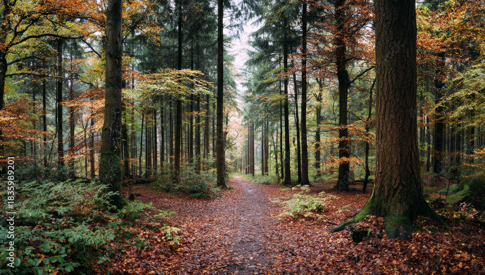 Fototapeta premium Panoramic view of a dense forest path covered with fallen autumn leaves, tall trees with textured bark, and vibrant foliage in shades of green, orange, and yellow during daytime