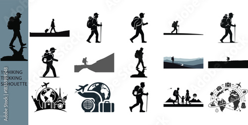 Hiking and trekking silhouette vector illustration isolated on transparent background