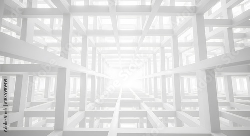 Fototapeta Naklejka Na Ścianę i Meble -  Futuristic white architecture tunnel corridor with bright light at the end abstract 3d geometric perspective suitable for modern interior design and sci fi technology background.