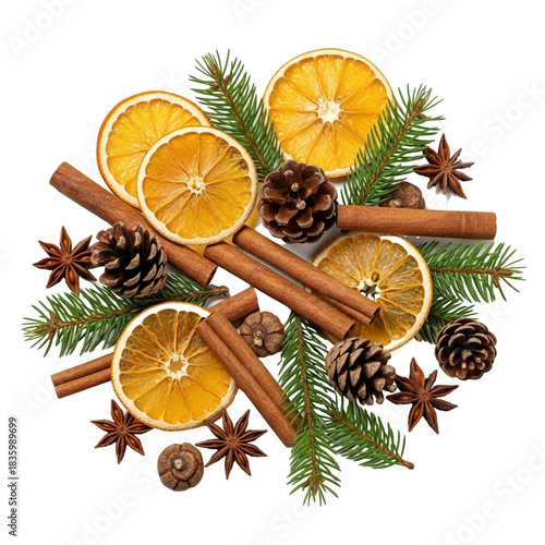 Collection of natural winter and Christmas elements, including dried orange slices, cinnamon sticks, pine cones, star anise, and spruce branches isolated on a transparent background