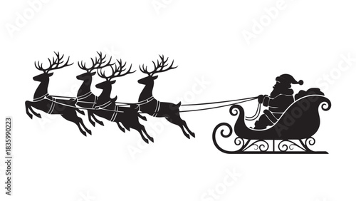 Silhouette of santa claus riding in his sleigh pulled by reindeer isolated on white background