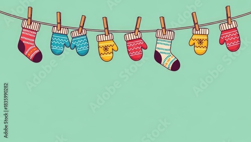 Colorful Winter Socks and Mittens Hanging on a Clothesline Against a Green Background.