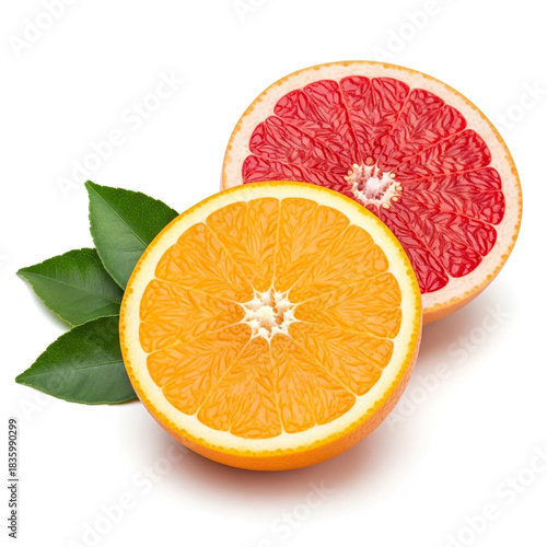 Stunningly vibrant half orange and ruby red grapefruit slices with fresh green leaves against clean white background