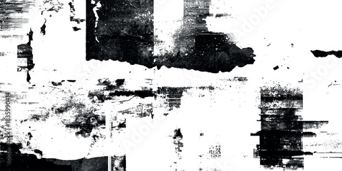 Black and white abstract grunge texture featuring heavy paint splatters, distressed brush strokes scratches.	