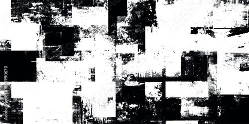Black and white abstract grunge texture featuring heavy paint splatters, distressed brush strokes scratches.	