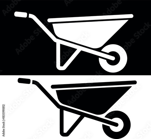 Flat black silhouette icon of an empty wheelbarrow in side profile isolated on Black & white background