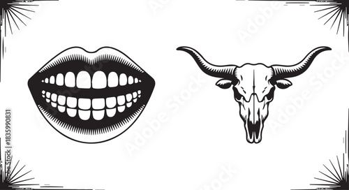 Bold black and white vector set- grinning mouth & bull skull with sunburst corners. Tattoo-style graphic for t-shirts, posters, album covers, or biker branding