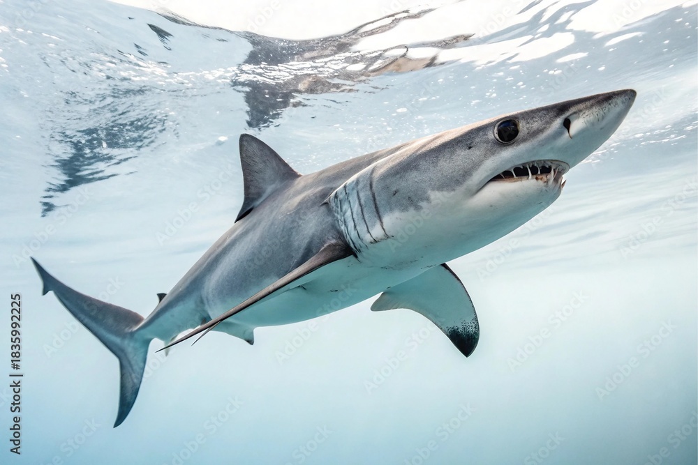 Fototapeta premium Powerful great white shark swimming underwater in clear blue ocean water