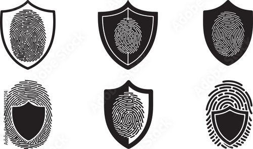 Biometric Fingerprint Security Shield Icon Set - Identity Protection and Digital Authentication