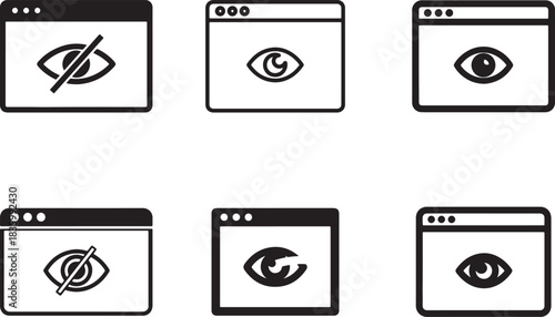 Web Browser Privacy and Visibility Icon Set - Visible Eye and Hidden Incognito Mode Indicators