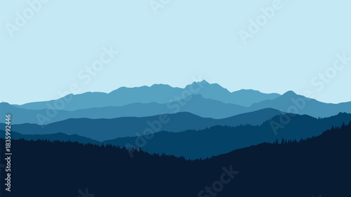 Layered mountain silhouettes in shades of blue create a calming landscape scene