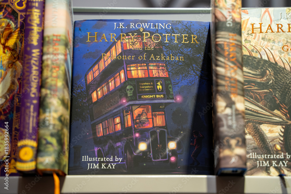 Naklejka premium Close up of Harry Potter and the Prisoner of Azkaban illustrated edition. Toronto, Canada - December 3, 2025.